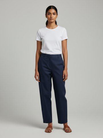 Example: a photo of a woman in a T-shirt and trousers