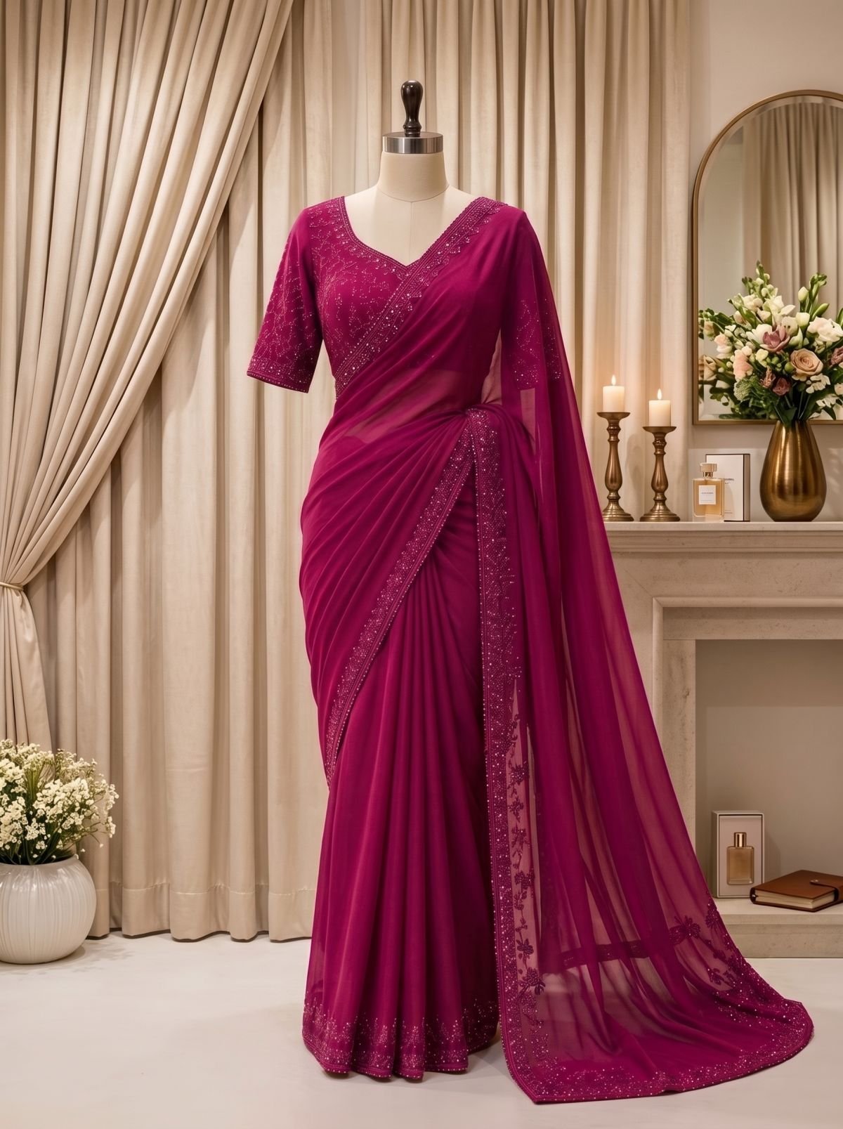 Embroidered Red Saree