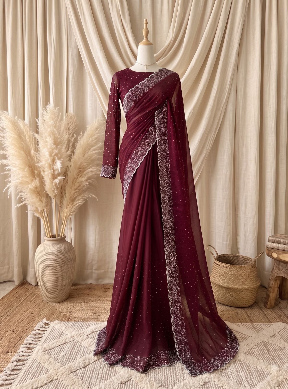 Zardozi stone work saree