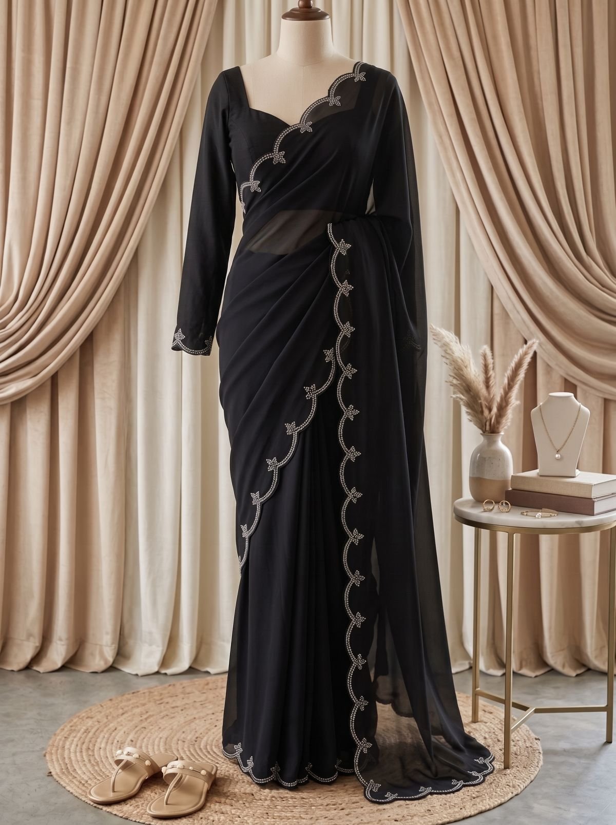 Zardozi stone work saree