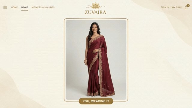 Example made with AI Try-On: a photo of a woman in a T-shirt and a maroon embroidered saree come together, and the same woman appears wearing the saree.